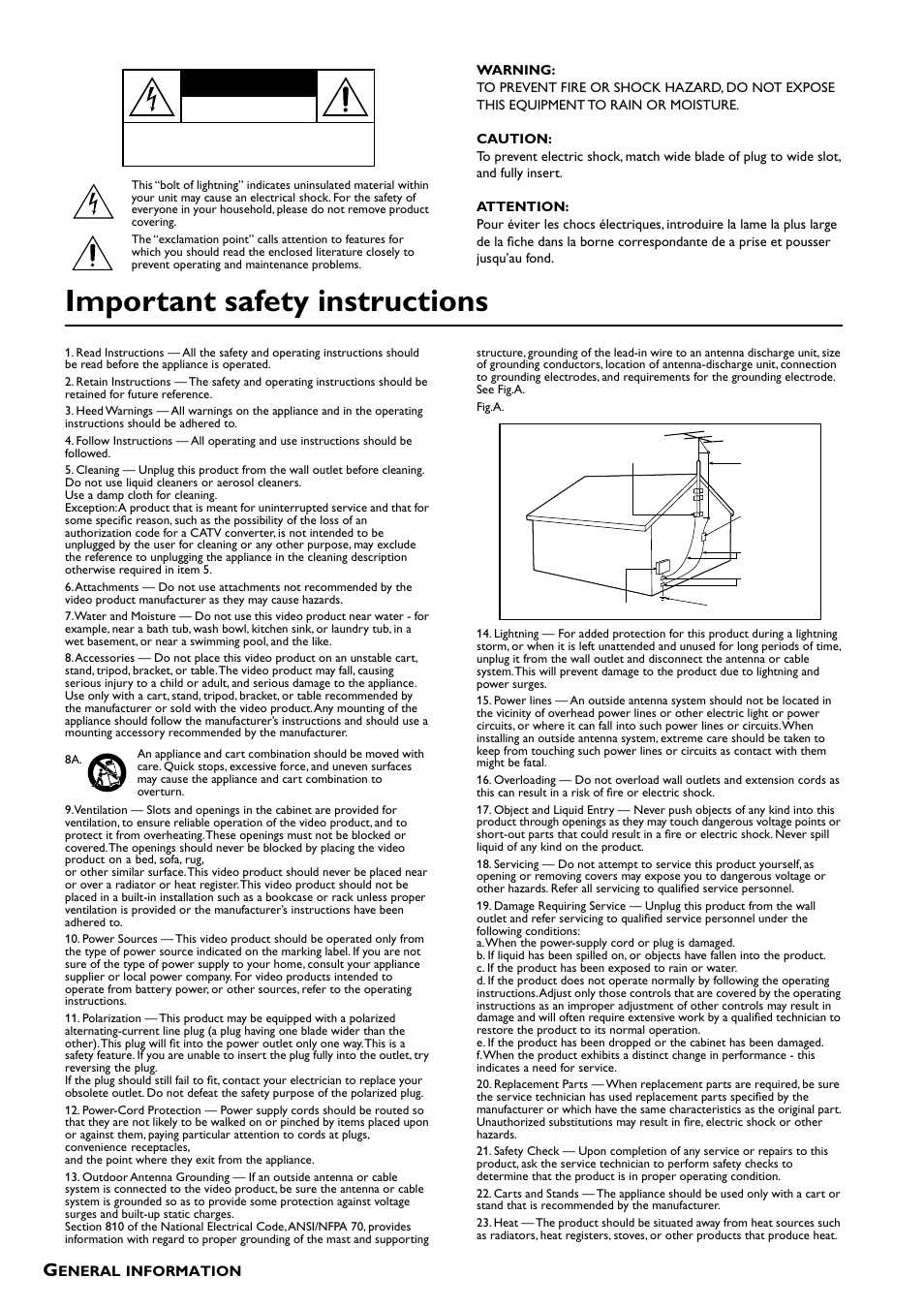 Important safety instructions, Caution, Eneral | Information | Yamaha DRX-1 User Manual | Page 2 / 56