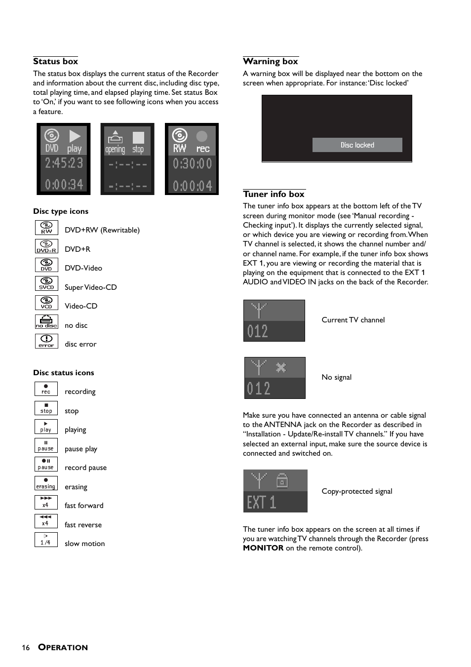Status box, Warning box, Tuner info box | Yamaha DRX-1 User Manual | Page 20 / 56