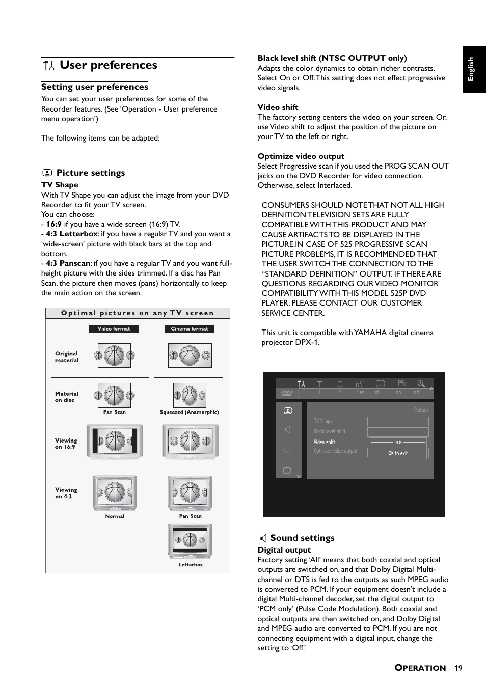 User preferences, Setting user preferences, Picture settings | Sound settings | Yamaha DRX-1 User Manual | Page 23 / 56