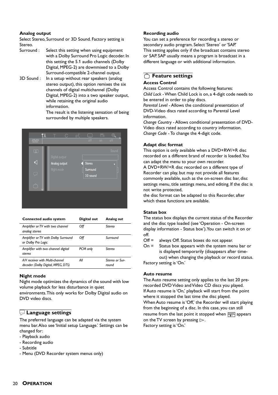 R language settings, Feature settings | Yamaha DRX-1 User Manual | Page 24 / 56