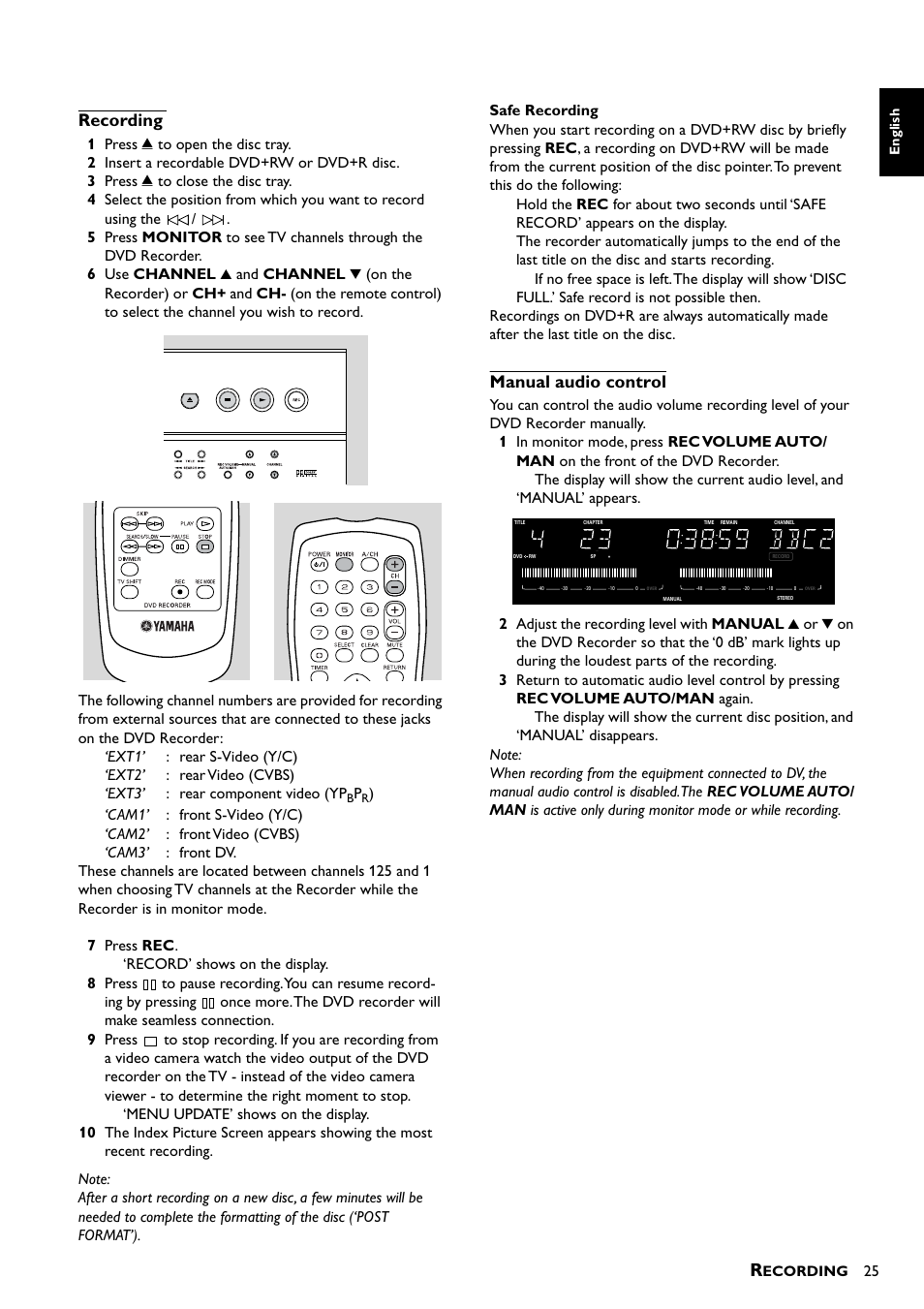 Recording, Manual audio control | Yamaha DRX-1 User Manual | Page 29 / 56