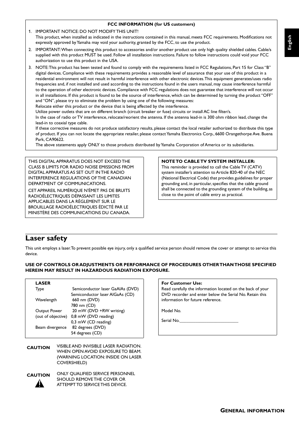 Laser safety | Yamaha DRX-1 User Manual | Page 3 / 56