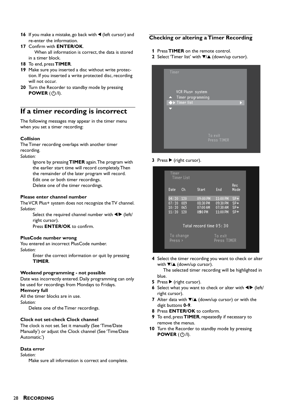 If a timer recording is incorrect, Checking or altering a timer recording | Yamaha DRX-1 User Manual | Page 32 / 56