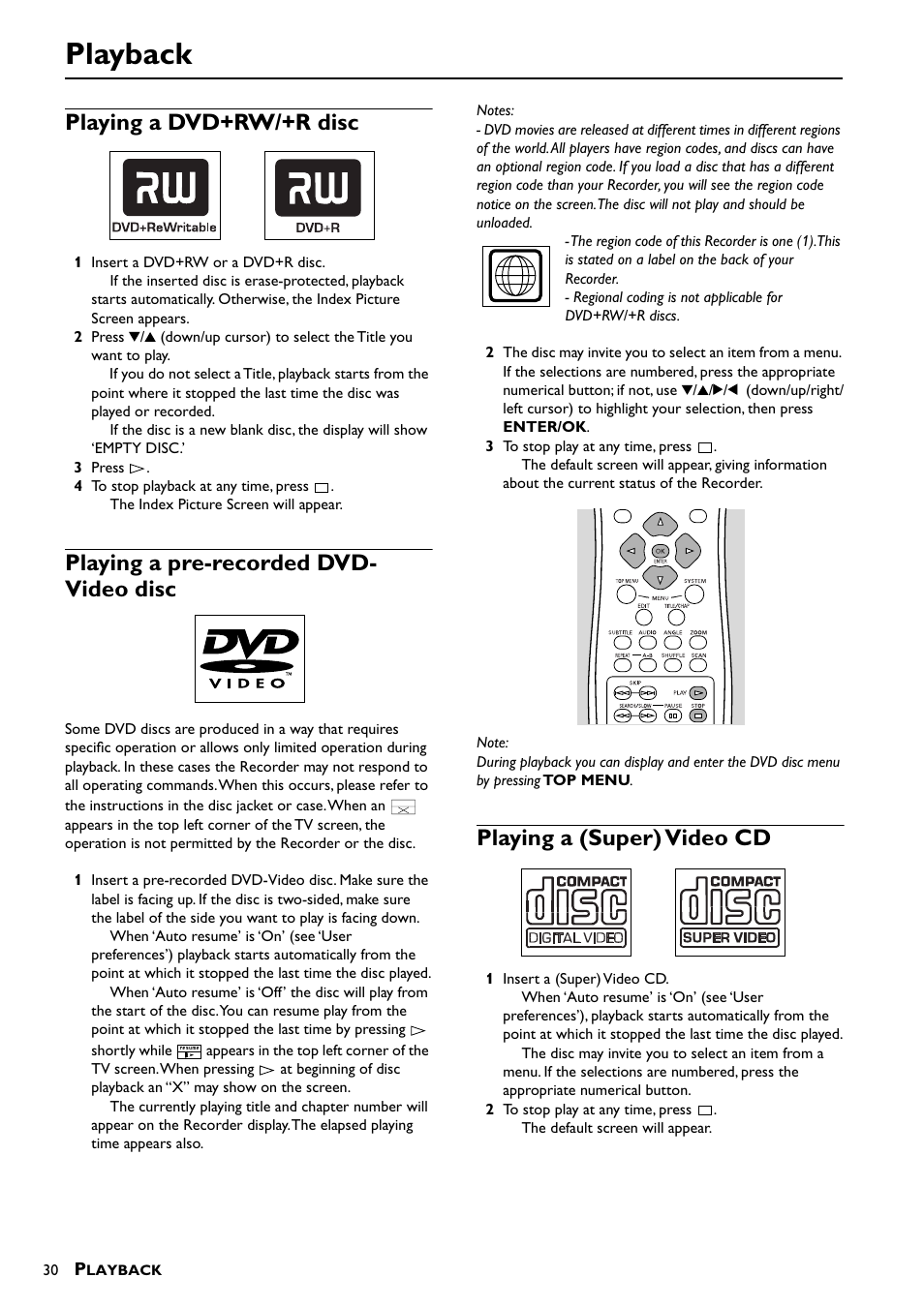 Playback, Playing a dvd+rw/+r disc, Playing a pre-recorded dvd- video disc | Playing a (super) video cd | Yamaha DRX-1 User Manual | Page 34 / 56