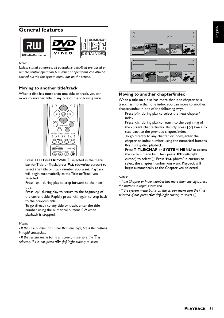 General features, Moving to another title/track, Moving to another chapter/index | Yamaha DRX-1 User Manual | Page 35 / 56