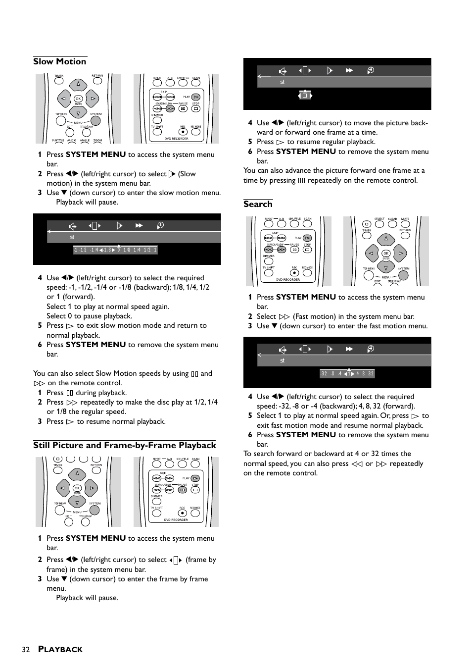 Slow motion, Still picture and frame-by-frame playback, Search | Yamaha DRX-1 User Manual | Page 36 / 56