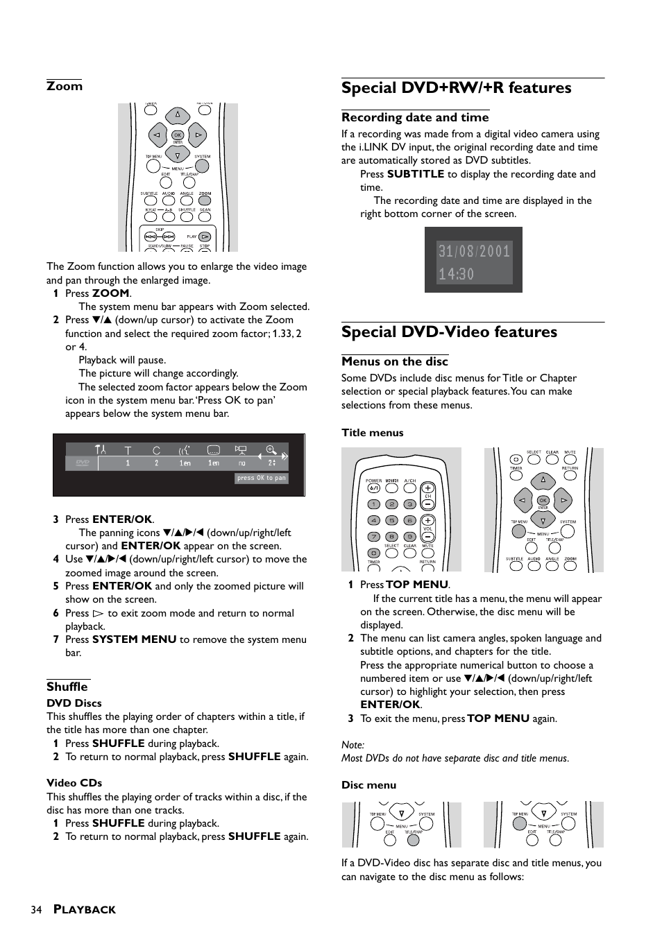Zoom, Shuffle, Special dvd+rw/+r features | Recording date and time, Special dvd-video features, Menus on the disc | Yamaha DRX-1 User Manual | Page 38 / 56