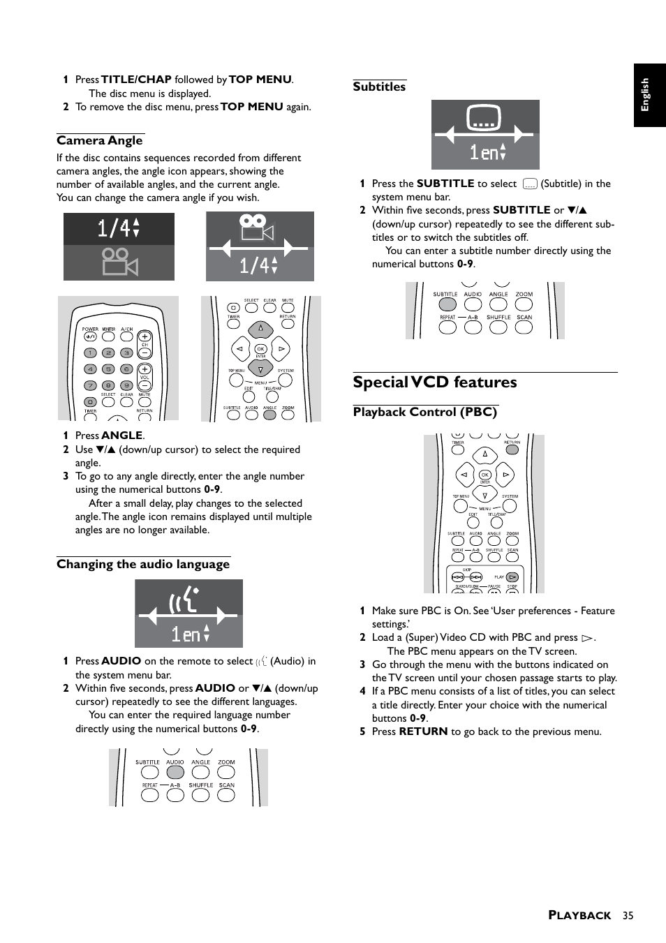 Camera angle, Changing the audio language, Subtitles | Special vcd features, Playback control (pbc) | Yamaha DRX-1 User Manual | Page 39 / 56