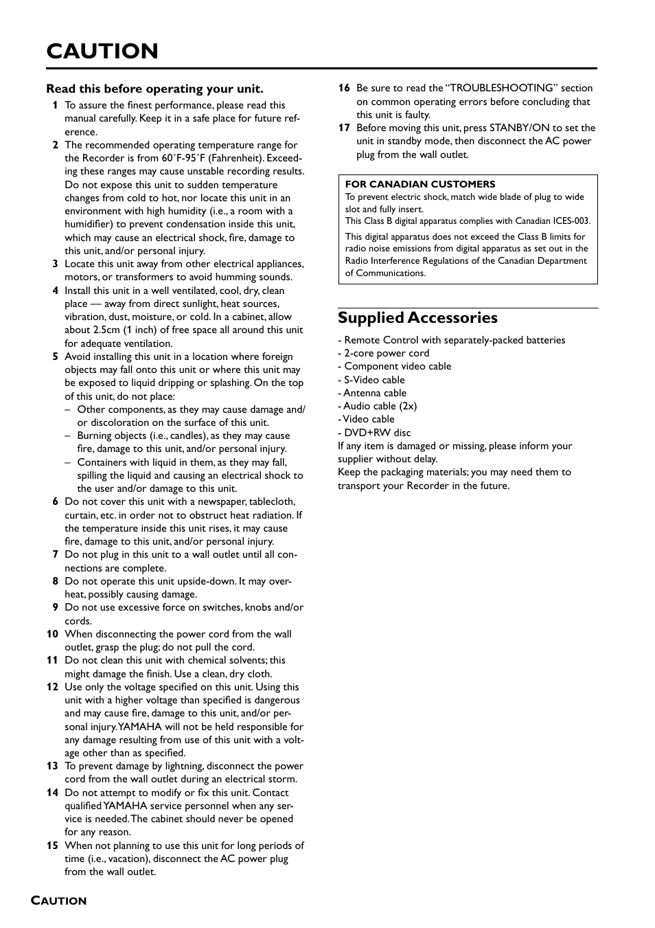 Read this before operating your unit, Caution, Supplied accessories | Yamaha DRX-1 User Manual | Page 4 / 56