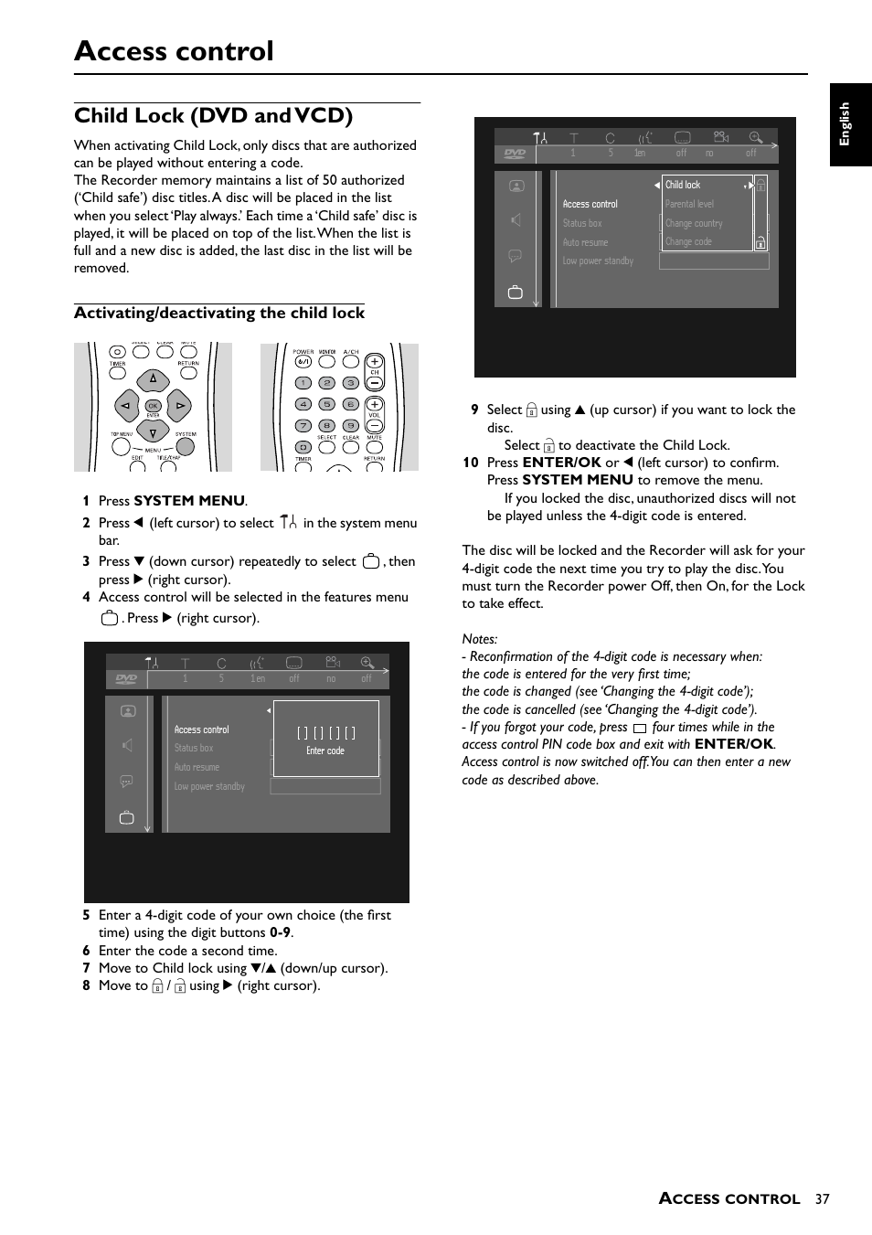 Access control, Child lock (dvd and vcd), Activating/deactivating the child lock | Yamaha DRX-1 User Manual | Page 41 / 56