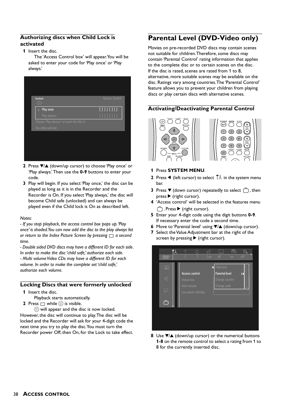 Authorizing discs when child lock is activated, Locking discs that were formerly unlocked, Parental level (dvd-video only) | Activating/deactivating parental control | Yamaha DRX-1 User Manual | Page 42 / 56