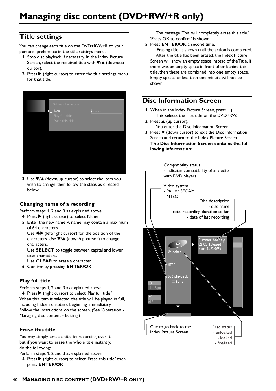 Managing disc content (dvd+rw/+r only), Title settings, Changing name of a recording | Play full title, Erase this title, Disc information screen, Title settings disc information screen | Yamaha DRX-1 User Manual | Page 44 / 56