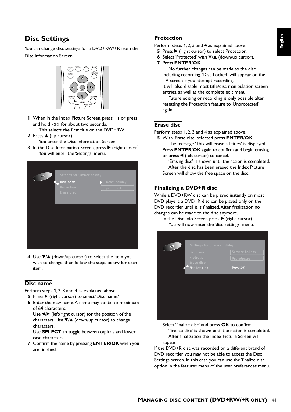 Disc settings, Disc name, Protection | Erase disc, Finalizing a dvd+r disc, Dvd+rw/+r | Yamaha DRX-1 User Manual | Page 45 / 56