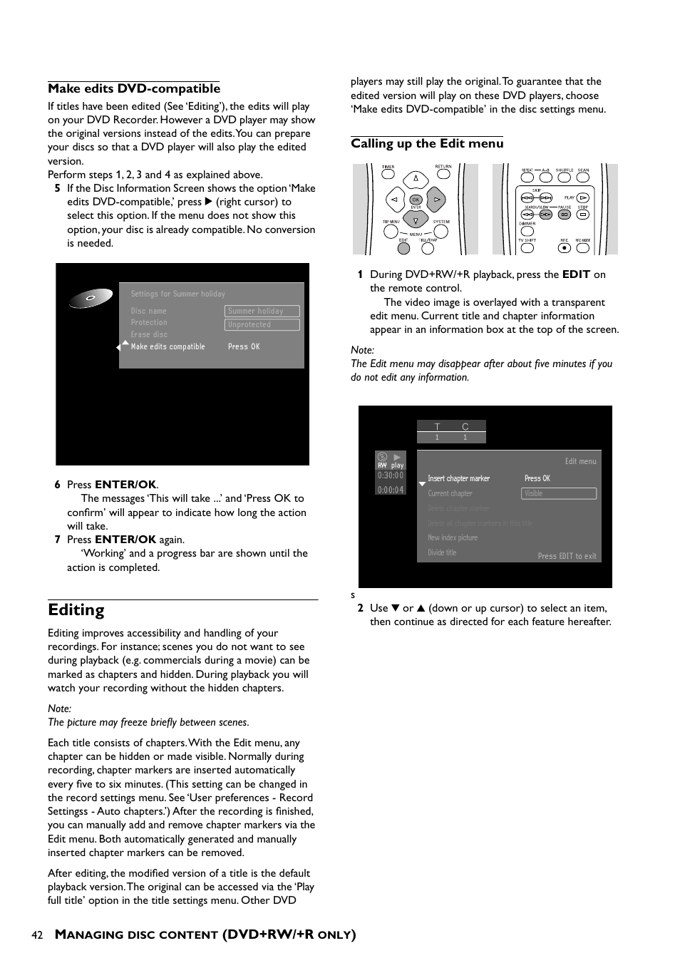 Make edits dvd-compatible, Editing, Calling up the edit menu | Dvd+rw/+r | Yamaha DRX-1 User Manual | Page 46 / 56