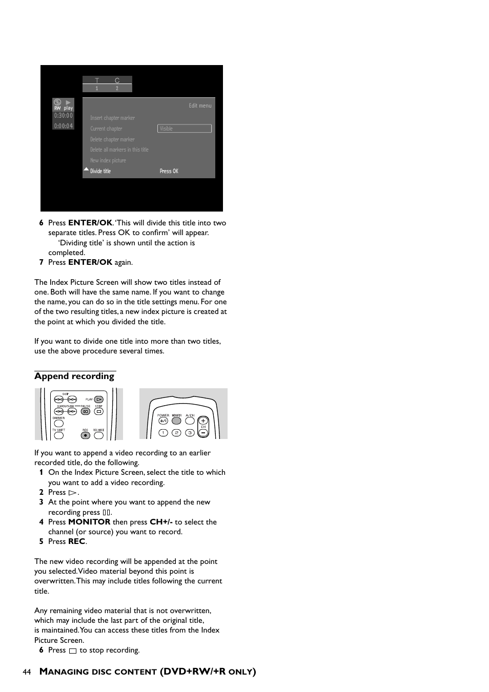 Append recording, Dvd+rw/+r | Yamaha DRX-1 User Manual | Page 48 / 56