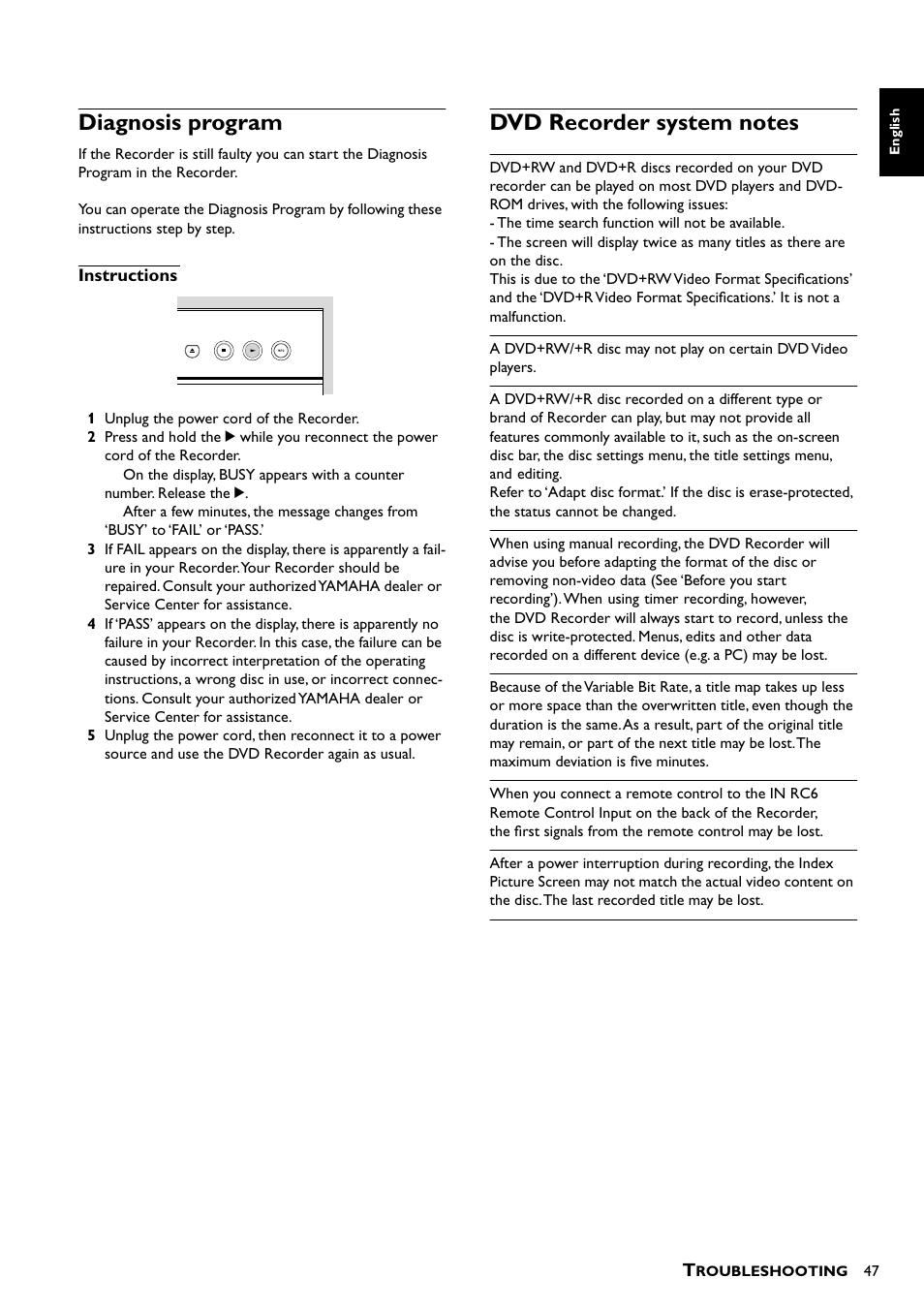 Diagnosis program, Instructions, Dvd recorder system notes | Diagnosis program dvd recorder system notes | Yamaha DRX-1 User Manual | Page 51 / 56
