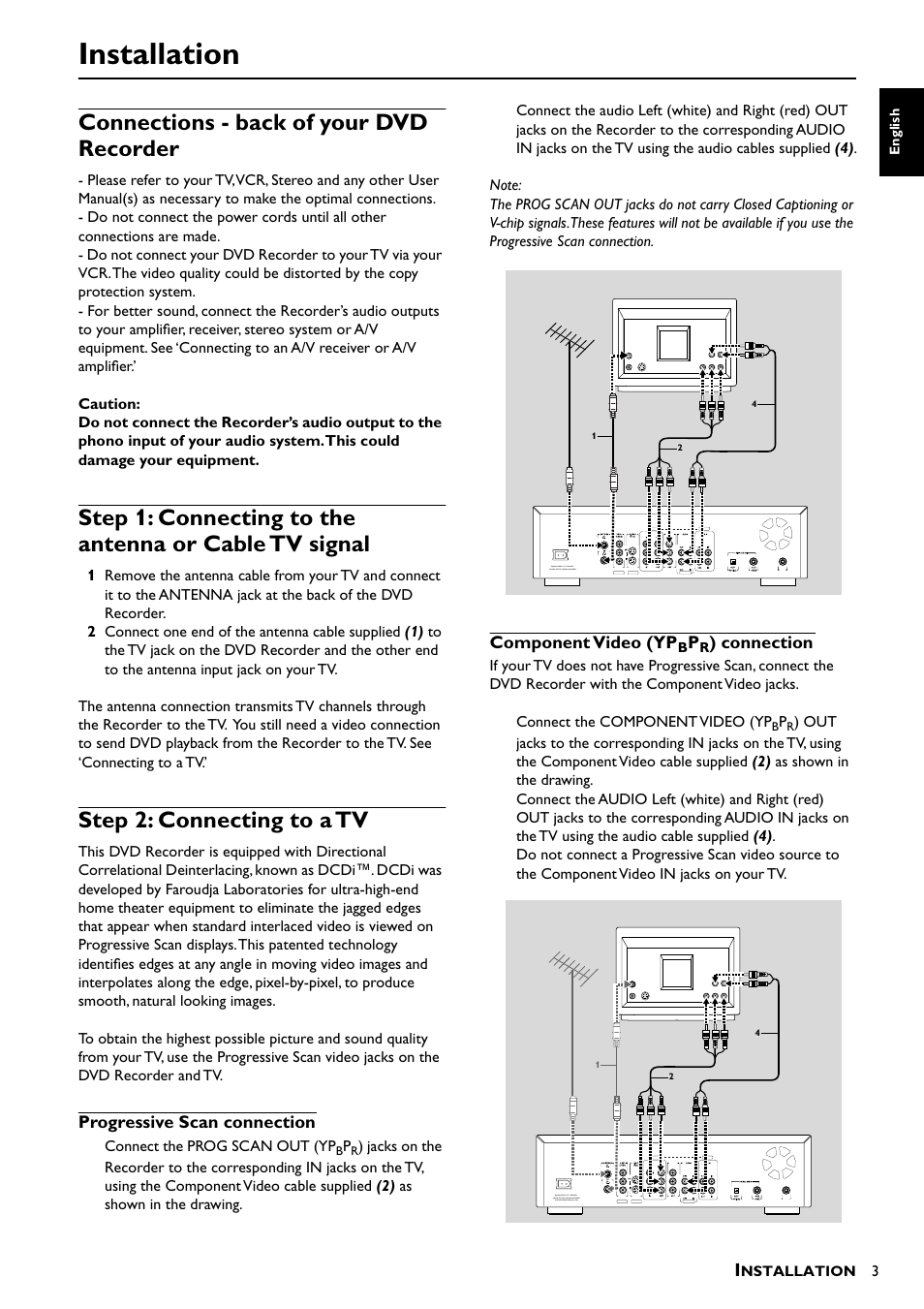 Installation, Connections - back of your dvd recorder, Step 2: connecting to a tv | Progressive scan connection, Component video (ypbpr) connection, Component video (yp, Connection, Connect the prog scan out (yp, Nstallation, English | Yamaha DRX-1 User Manual | Page 7 / 56