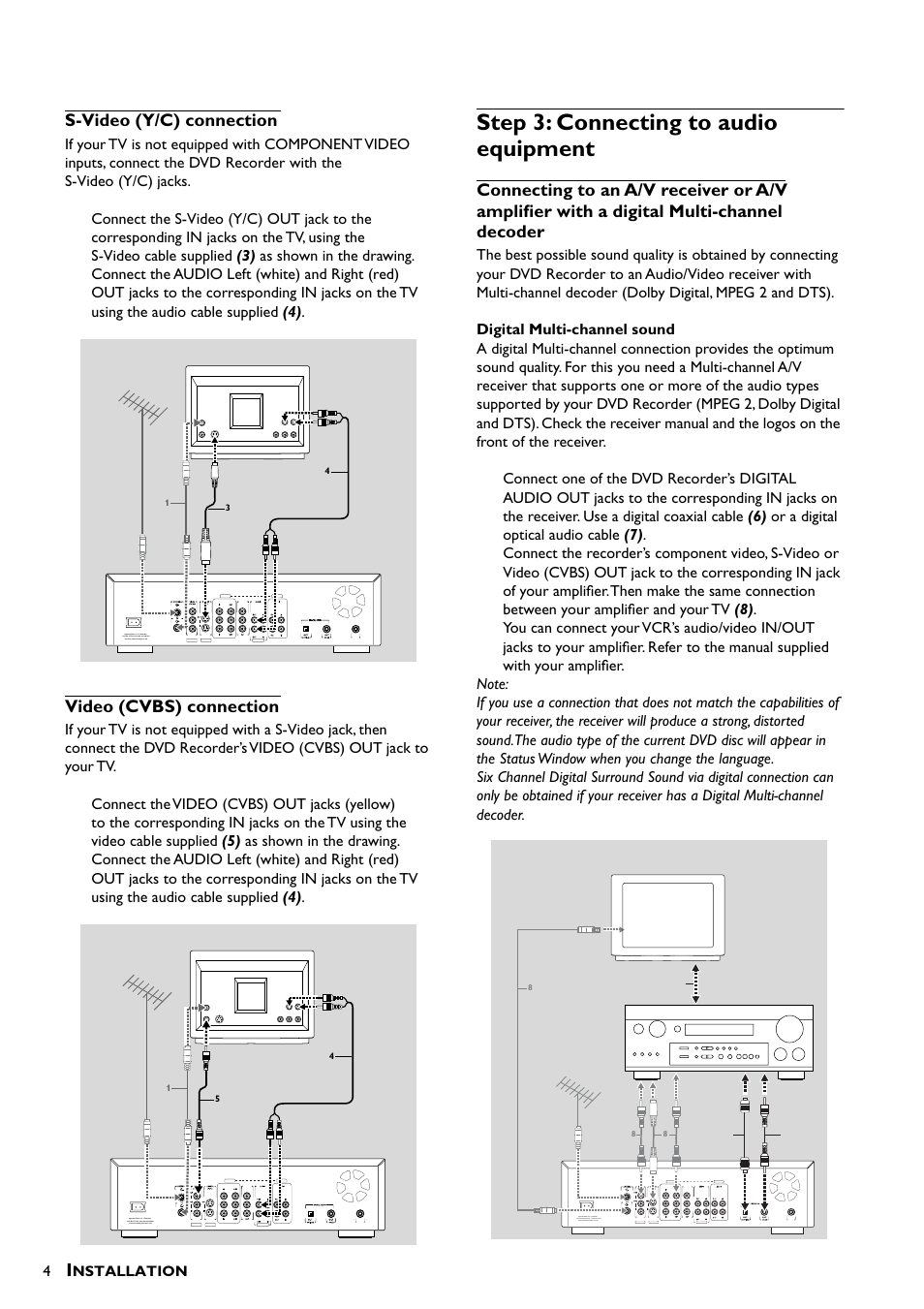 S-video (y/c) connection, Video (cvbs) connection, Step 3: connecting to audio equipment | Nstallation, Amplifier | Yamaha DRX-1 User Manual | Page 8 / 56
