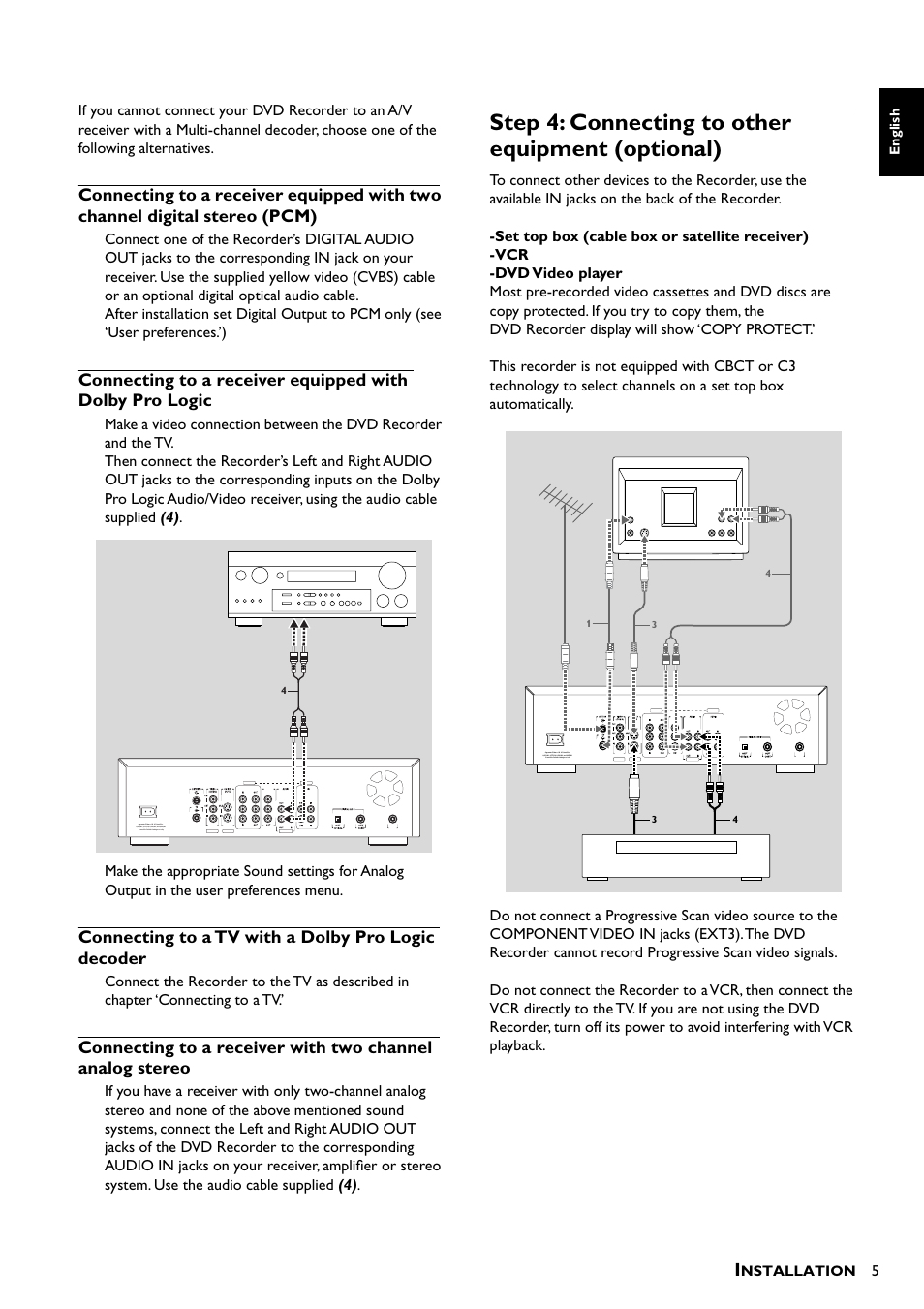 Connecting to a tv with a dolby pro logic decoder, Step 4: connecting to other equipment (optional), Amplifier | Nstallation, English | Yamaha DRX-1 User Manual | Page 9 / 56