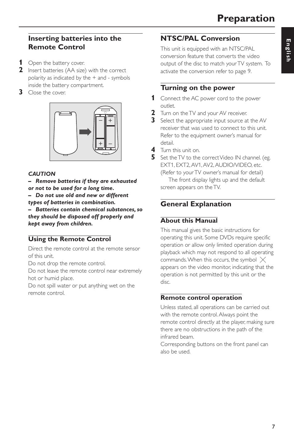 Inserting batteries into the remote control, Ntsc/pal conversion, Turning on the power | General explanation, Preparation, Inserting batteries into the remote control 1, Turning on the power 1 | Yamaha DV-S5550 User Manual | Page 11 / 27