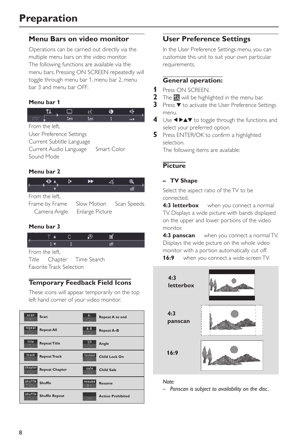 Menu bars on video monitor, User preference settings, Preparation | Yamaha DV-S5550 User Manual | Page 12 / 27