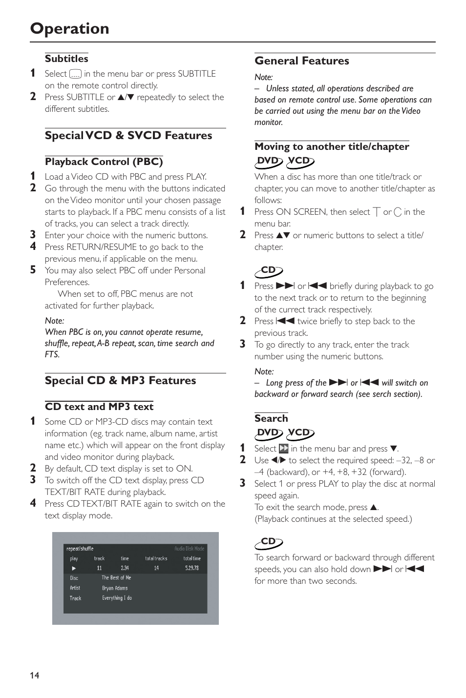 Special vcd & svcd features, Special cd & mp3 features, General features | Operation | Yamaha DV-S5550 User Manual | Page 18 / 27