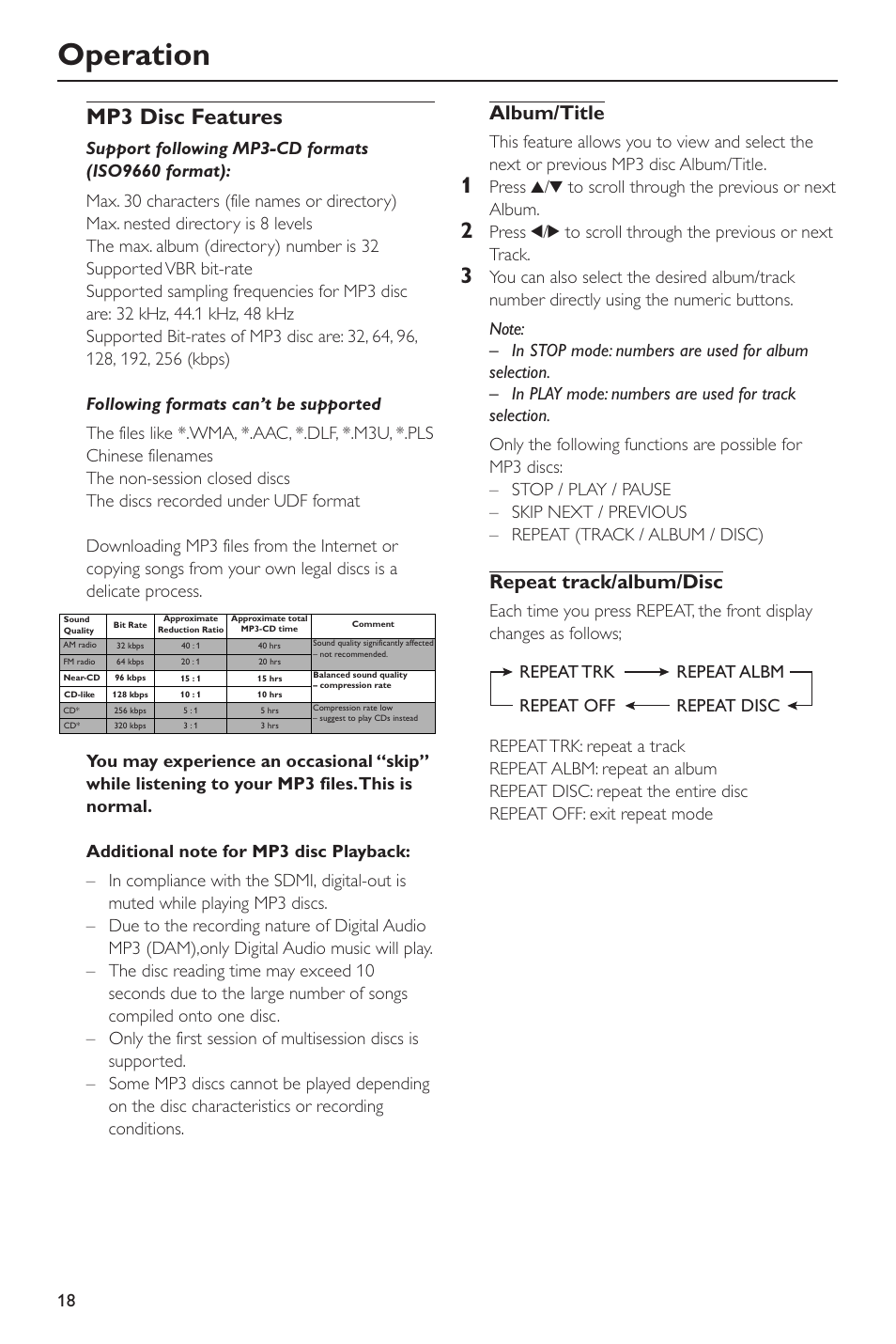 Mp3 disc features, Operation, Album/title | Repeat track/album/disc | Yamaha DV-S5550 User Manual | Page 22 / 27