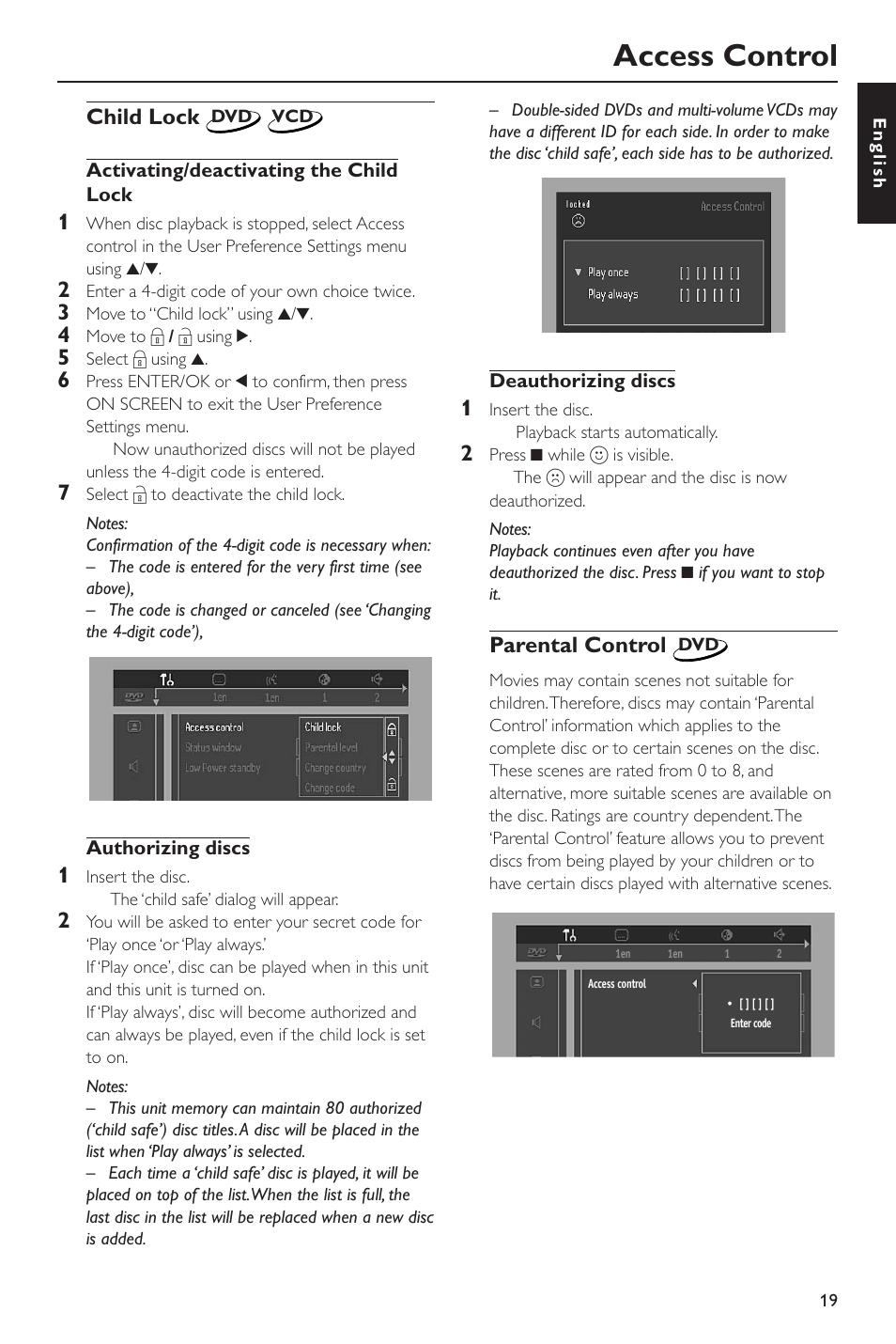 Access control, Child lock, Parental control | Yamaha DV-S5550 User Manual | Page 23 / 27