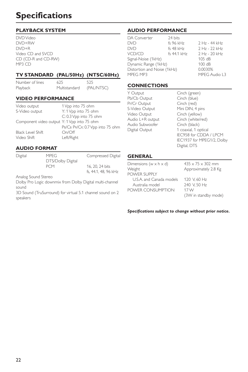 Specifications | Yamaha DV-S5550 User Manual | Page 26 / 27