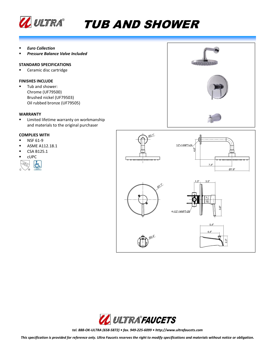 Ultra Faucets "EURO COLLECTIONSINGLE-HANDLE TUB AND SHOWER FAUCET" User Manual | 1 page