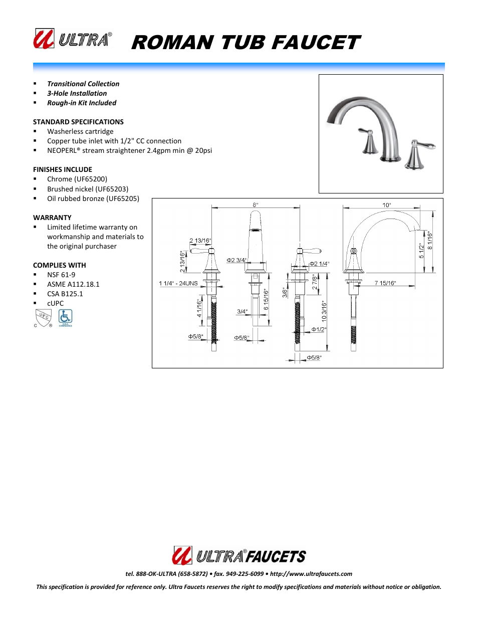 Ultra Faucets "TRANSITIONAL COLLECTIONTWO-HANDLE Для дома" User Manual | 1 page