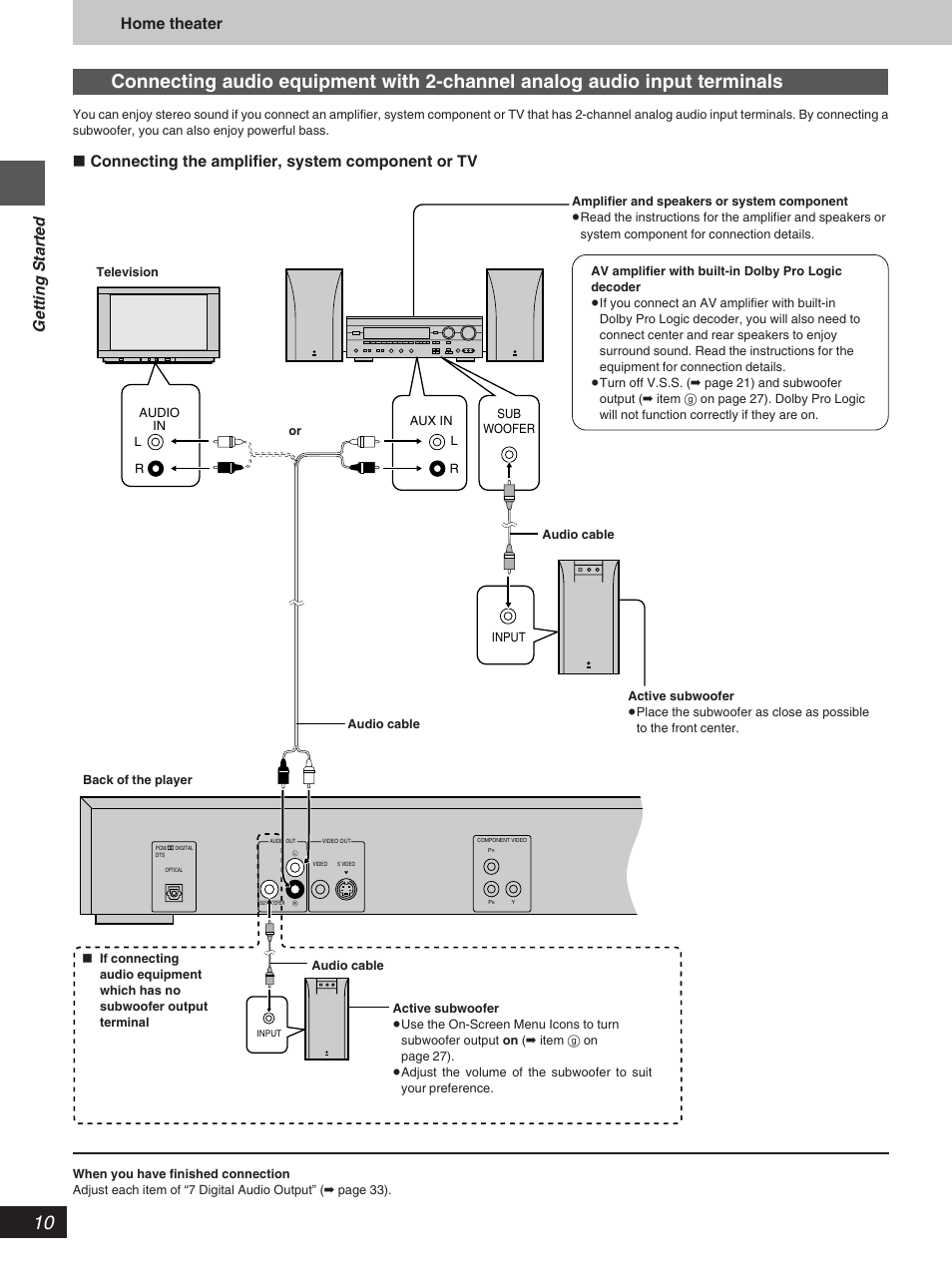 Getting started, Home theater, º connecting the amplifier, system component or tv | Yamaha DVD-S796 User Manual | Page 10 / 40