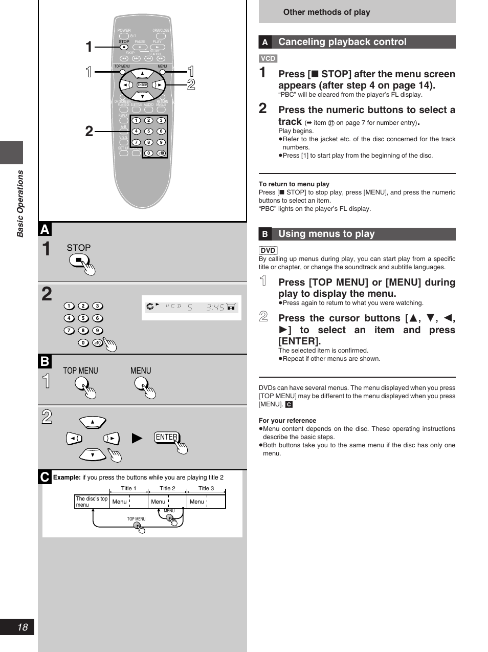 Ab c, Canceling playback control, Press the numeric buttons to select a track | Using menus to play | Yamaha DVD-S796 User Manual | Page 18 / 40