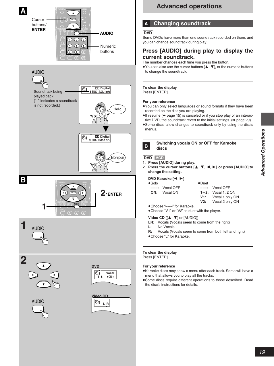 Advanced operations, Changing soundtrack, Audio | Dvd] [vcd | Yamaha DVD-S796 User Manual | Page 19 / 40