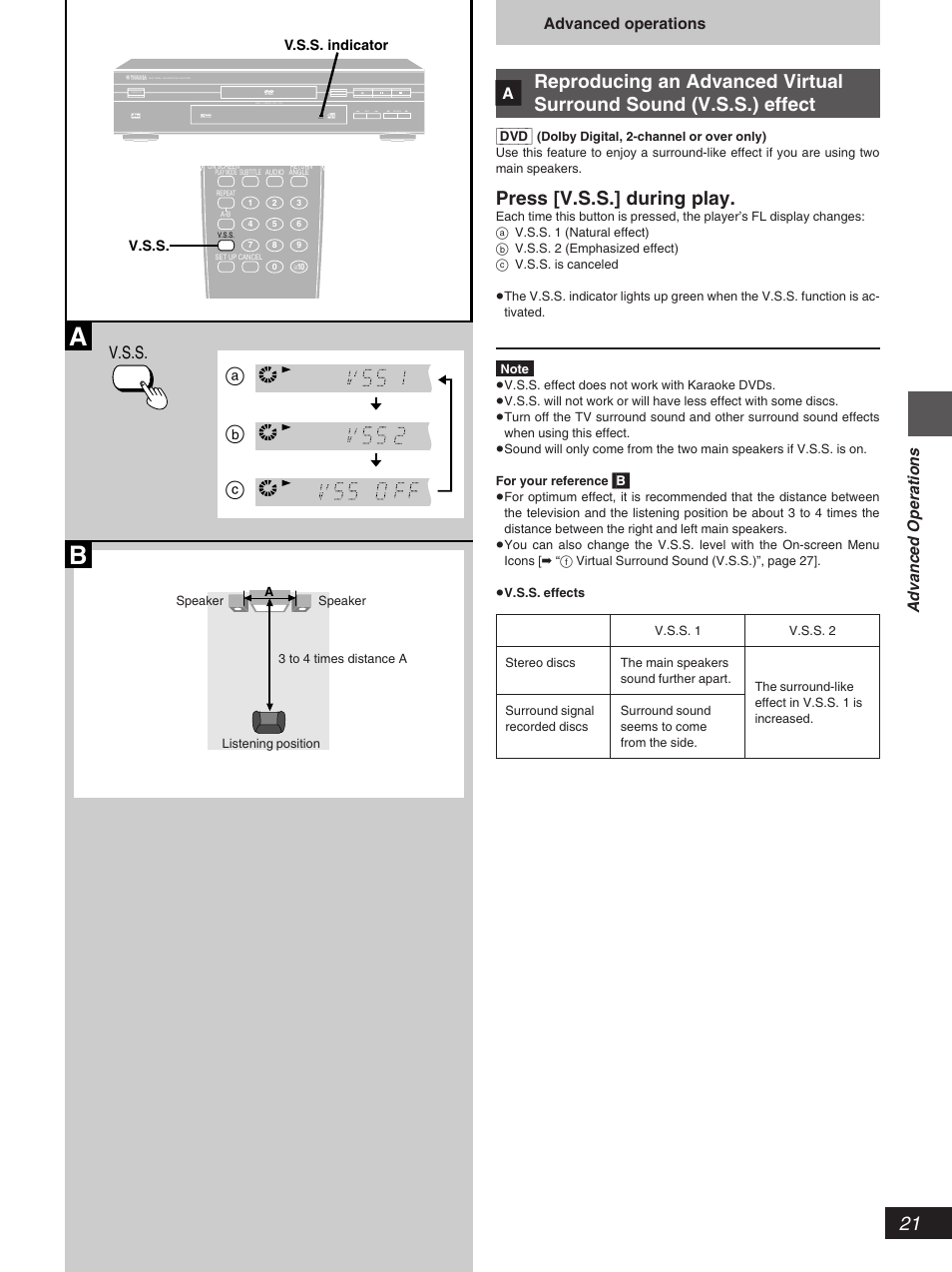 Ab c, Press [v.s.s.] during play, V.s.s | Advanced operations | Yamaha DVD-S796 User Manual | Page 21 / 40