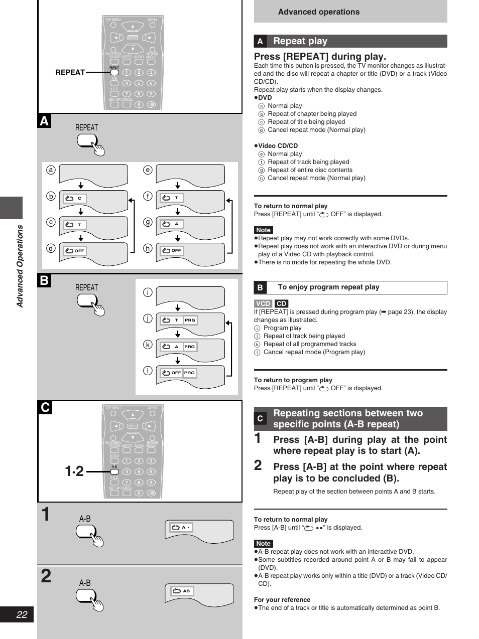 Repeat play press [repeat] during play, A-b repeat repeat, Advanced operations | Vcd] [cd | Yamaha DVD-S796 User Manual | Page 22 / 40