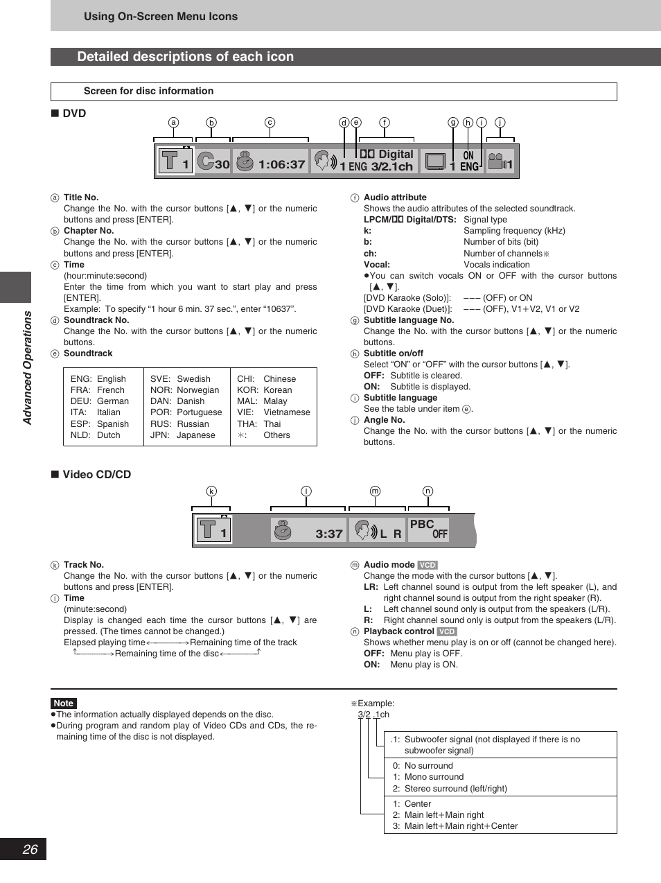 Detailed descriptions of each icon | Yamaha DVD-S796 User Manual | Page 26 / 40