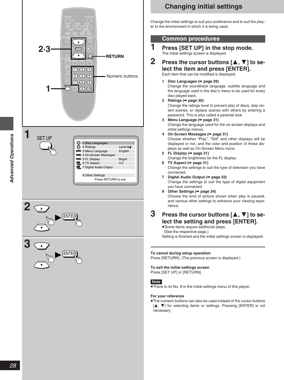 Changing initial settings, Common procedures, Press [set up] in the stop mode | Set up, Advanced operations | Yamaha DVD-S796 User Manual | Page 28 / 40