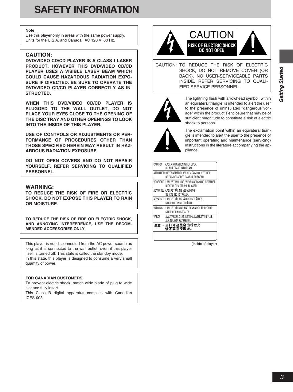 Safety information, Caution | Yamaha DVD-S796 User Manual | Page 3 / 40