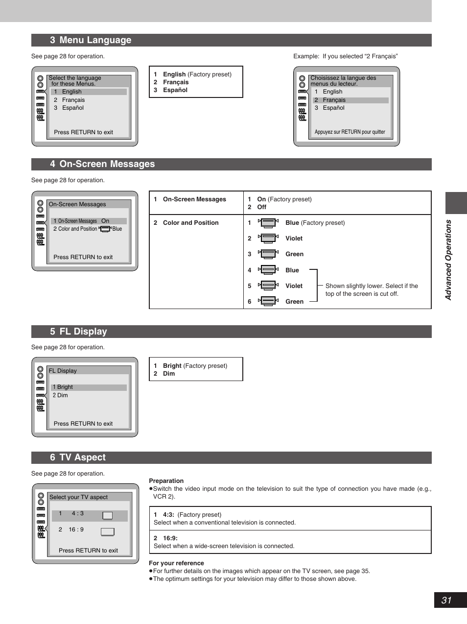 5 fl display, 3 menu language, 4 on-screen messages | 6 tv aspect, Advanced operations | Yamaha DVD-S796 User Manual | Page 31 / 40