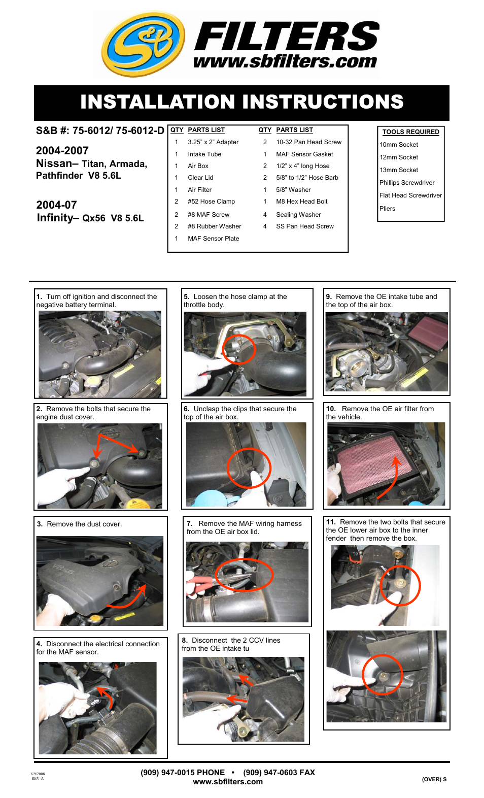 S&B Filters Cold Air Intake Kit - Cotton Filter 75-6012 User Manual | 2 pages