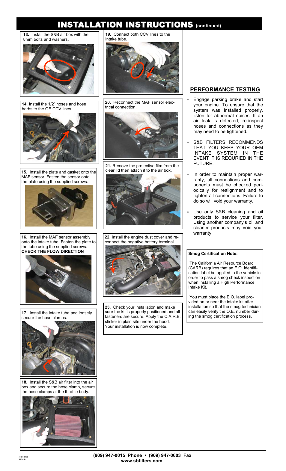 Installation instructions, Performance testing | S&B Filters Cold Air Intake Kit - Cotton Filter 75-6012 User Manual | Page 2 / 2