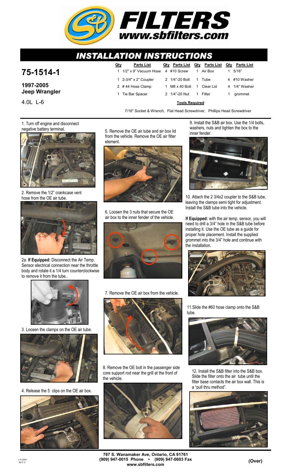 S&B Filters Cold Air Intake Kit - Cotton Filter 75-1514-1 User Manual | 2 pages