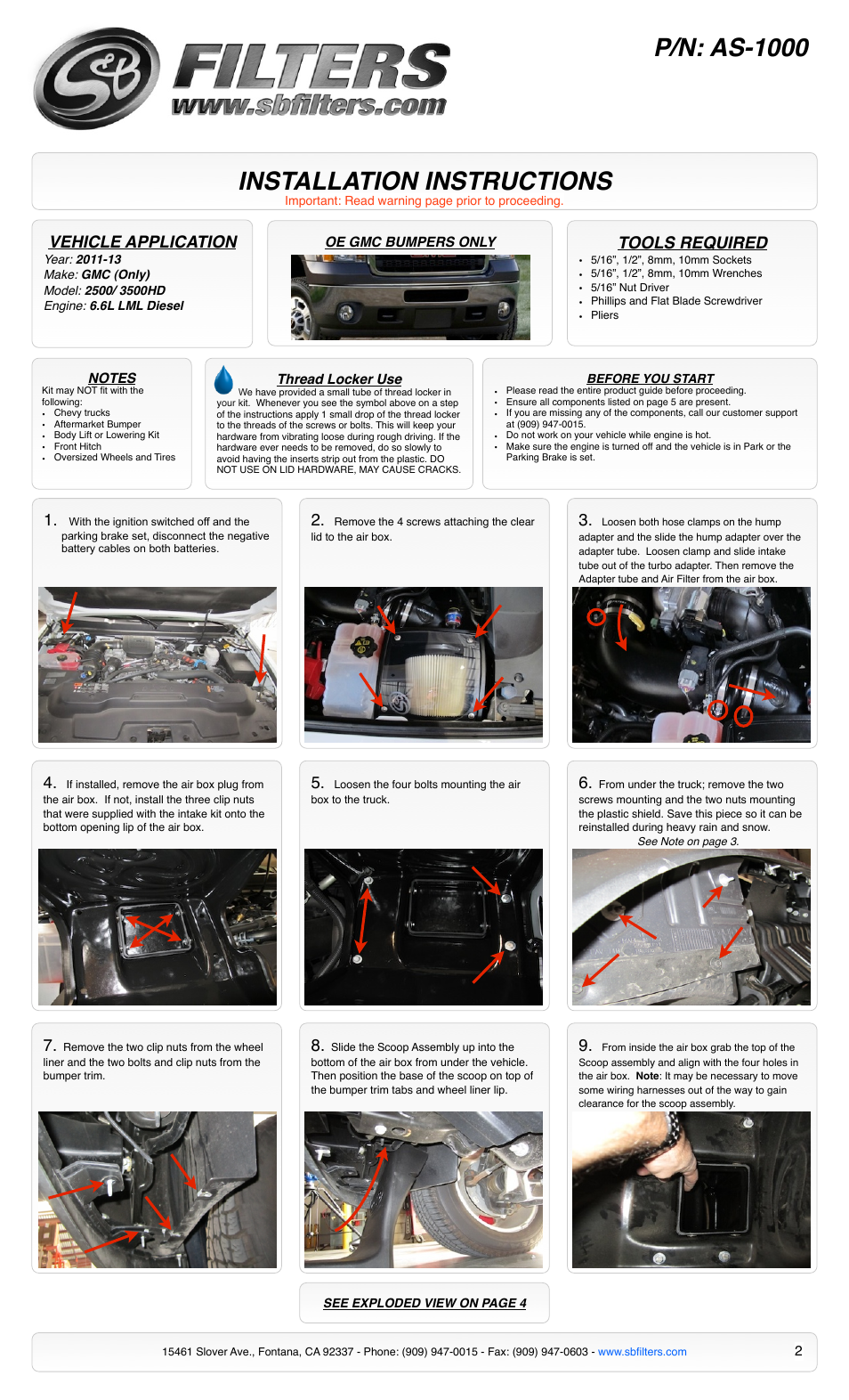 Installation instructions, P/n: as-1000, Vehicle application | Tools required | S&B Filters Cold Air Intake Scoop AS-1000 User Manual | Page 2 / 4