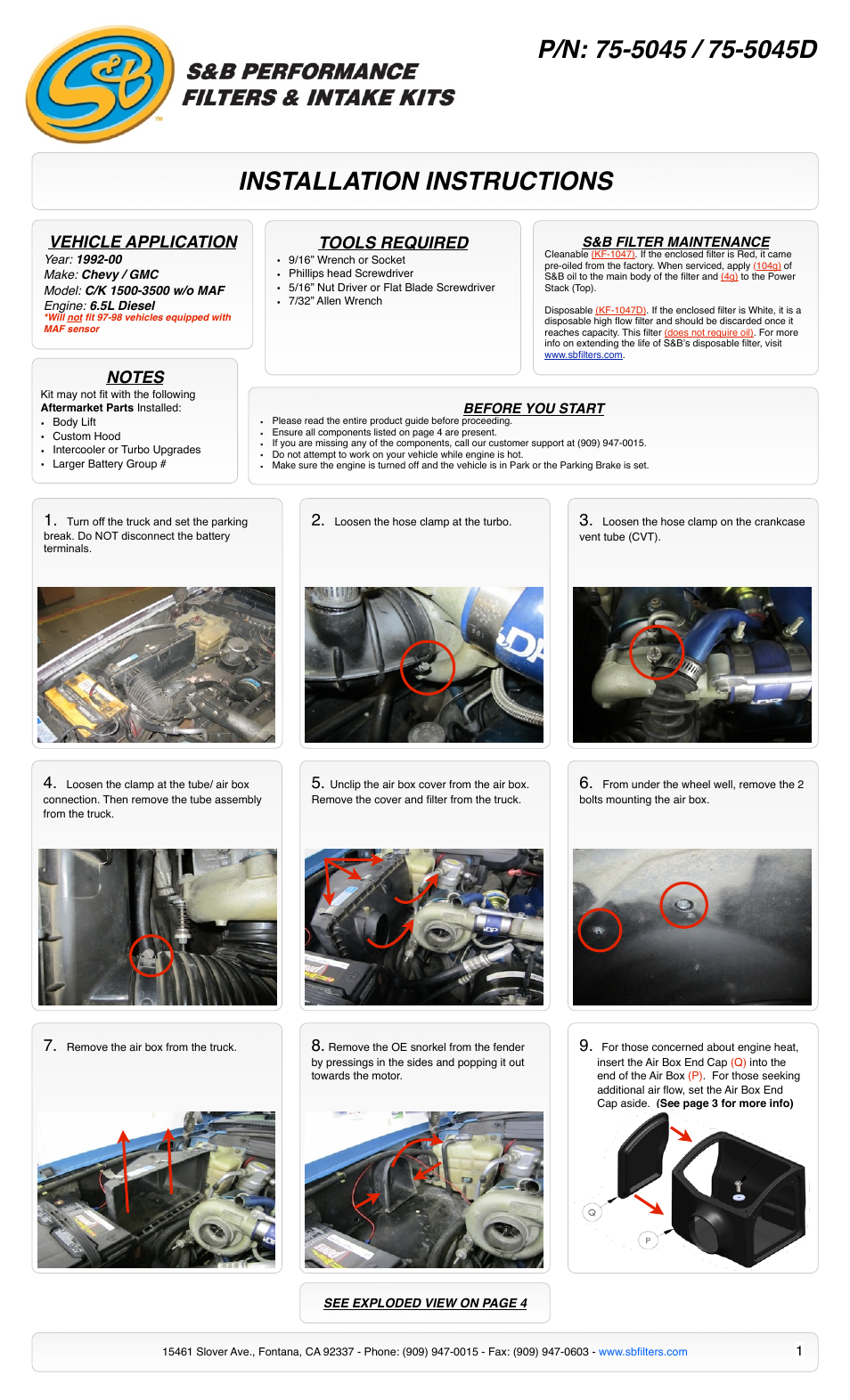 S&B Filters Cold Air Intake Kit - Cotton Filter 75-5045 User Manual | 4 pages