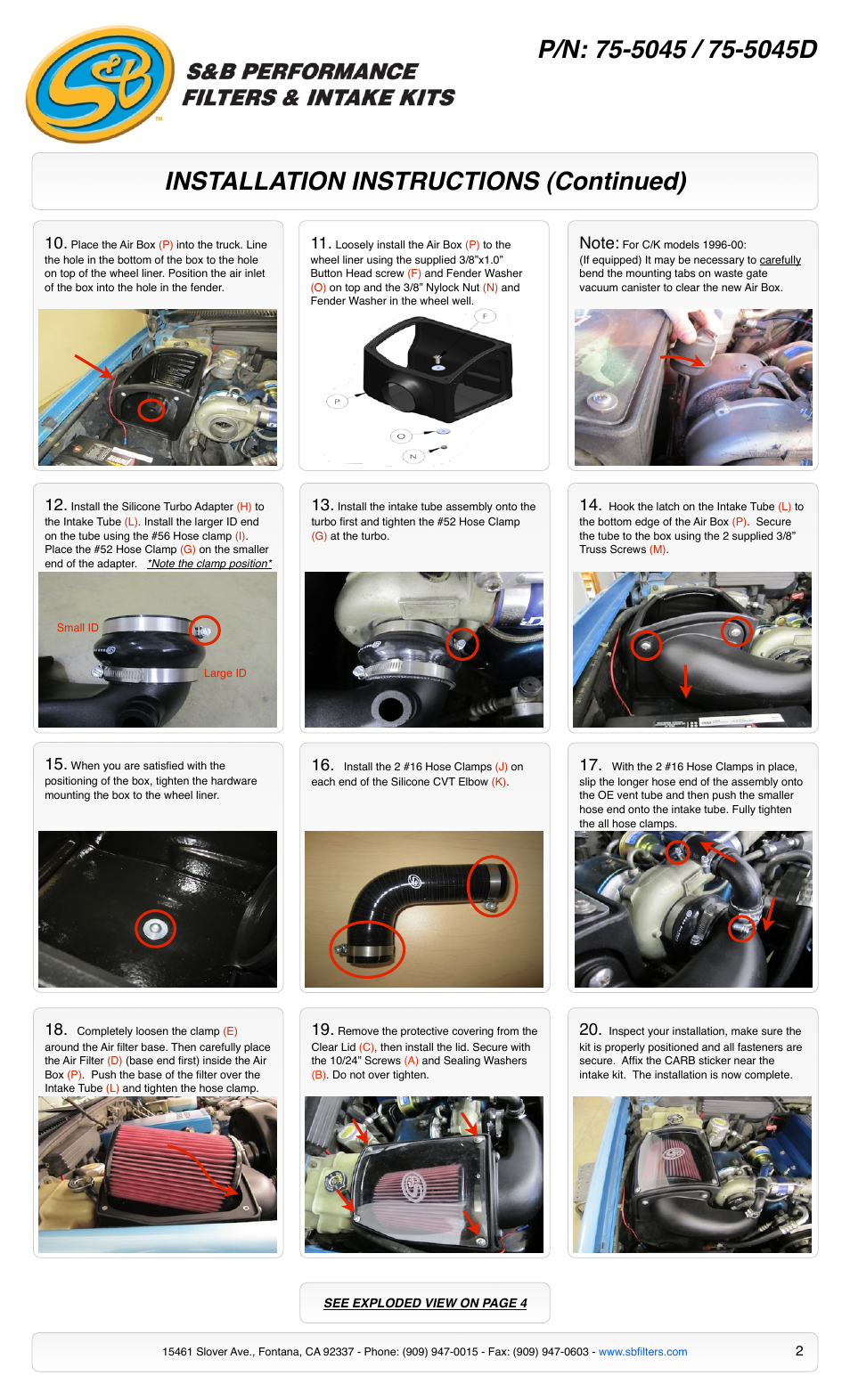 Installation instructions (continued) | S&B Filters Cold Air Intake Kit - Cotton Filter 75-5045 User Manual | Page 2 / 4