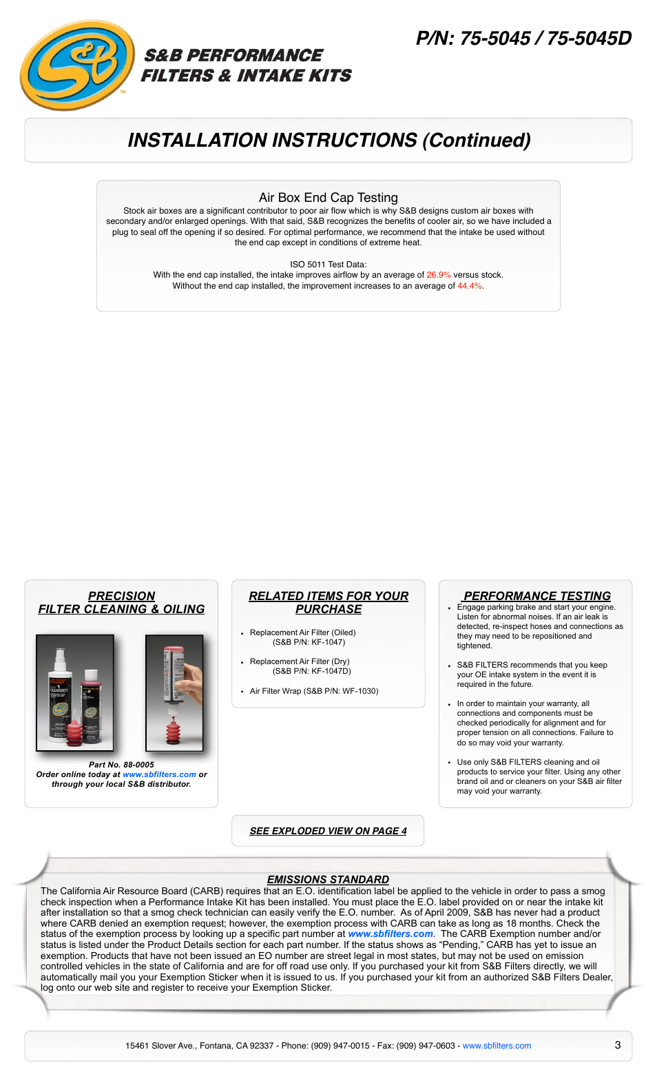 Installation instructions (continued), Air box end cap testing, Performance testing | Precision filter cleaning & oiling, Related items for your purchase | S&B Filters Cold Air Intake Kit - Cotton Filter 75-5045 User Manual | Page 3 / 4