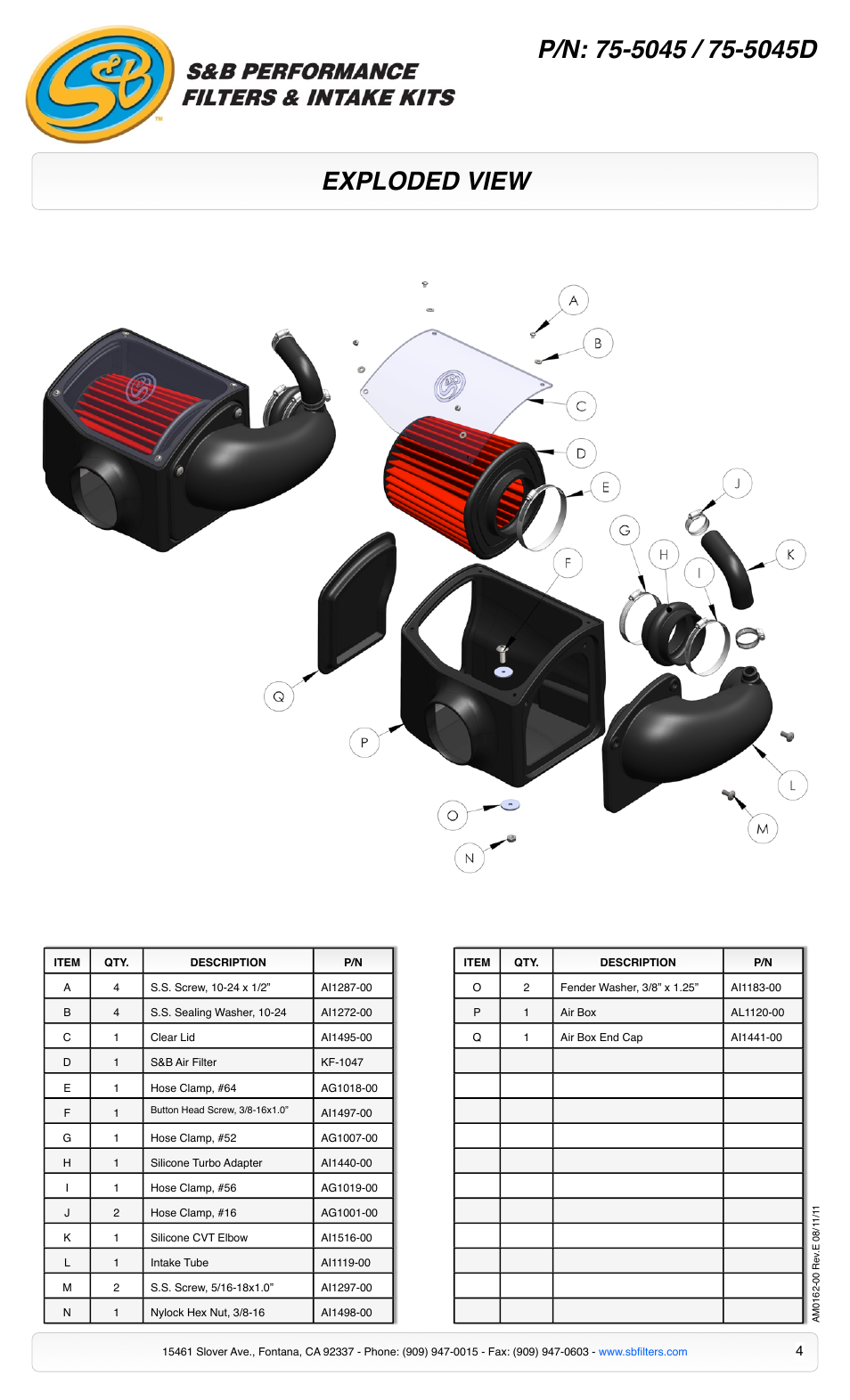 Exploded view | S&B Filters Cold Air Intake Kit - Cotton Filter 75-5045 User Manual | Page 4 / 4