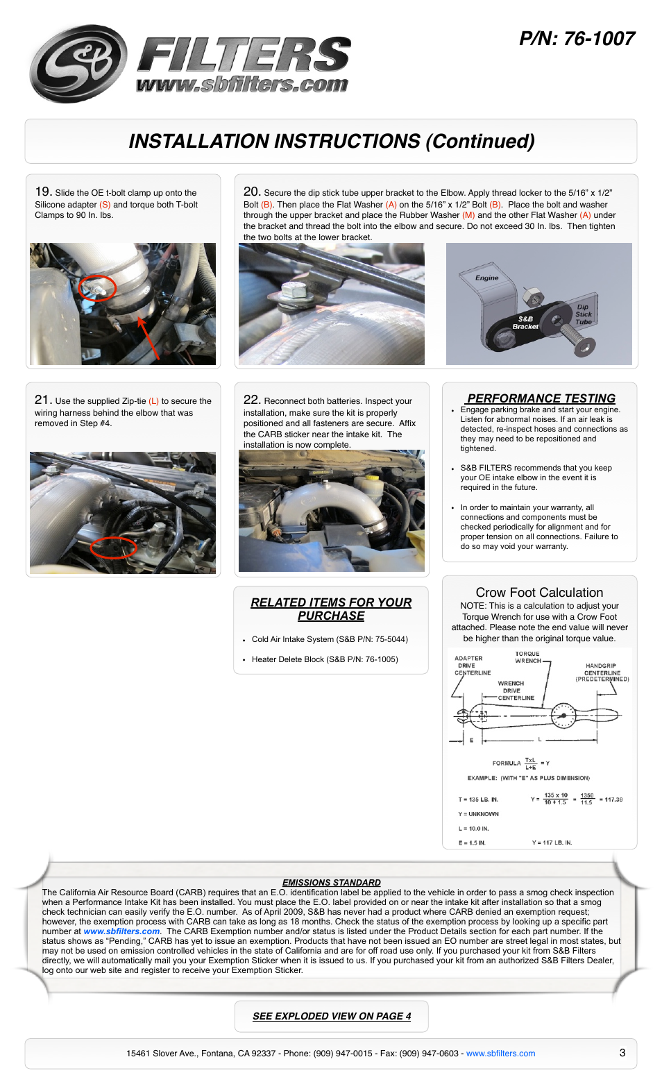 Installation instructions (continued), Crow foot calculation, Performance testing | Related items for your purchase | S&B Filters Intake Elbow 6-1007 User Manual | Page 3 / 5