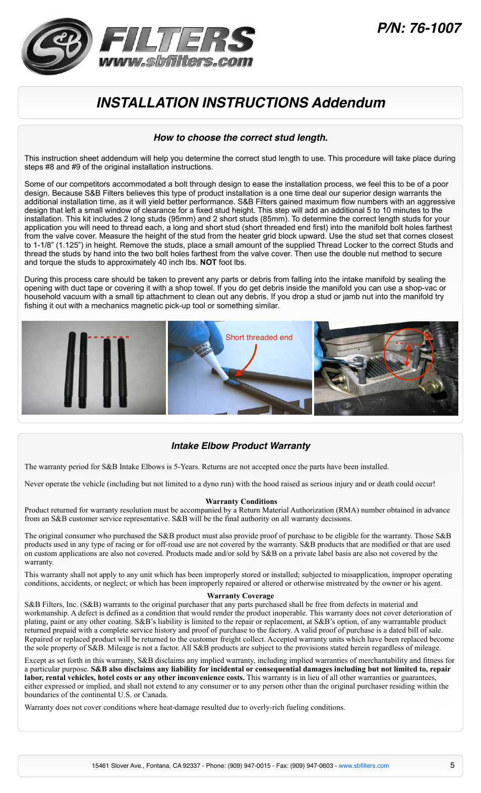 Installation instructions addendum | S&B Filters Intake Elbow 6-1007 User Manual | Page 5 / 5